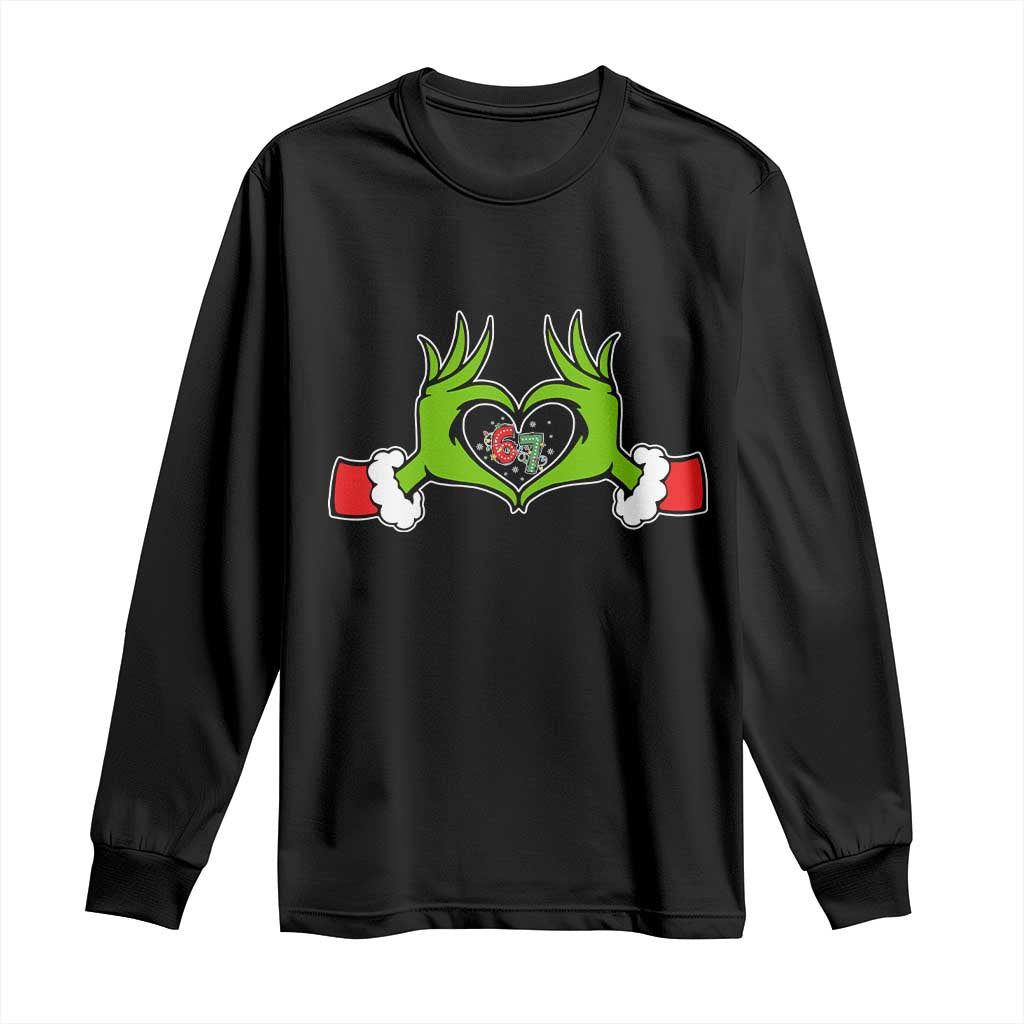 Funny Six Seven Christmas 67 Meme Gen Alpha Elf Heart Hands Long Sleeve Shirt TS11 Black Print Your Wear
