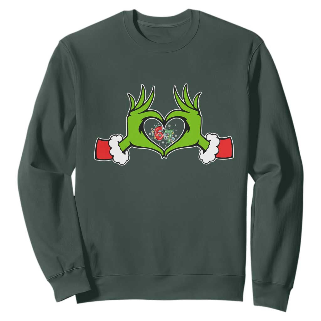 Funny Six Seven Christmas 67 Meme Gen Alpha Elf Heart Hands Sweatshirt TS11 Dark Forest Green Print Your Wear