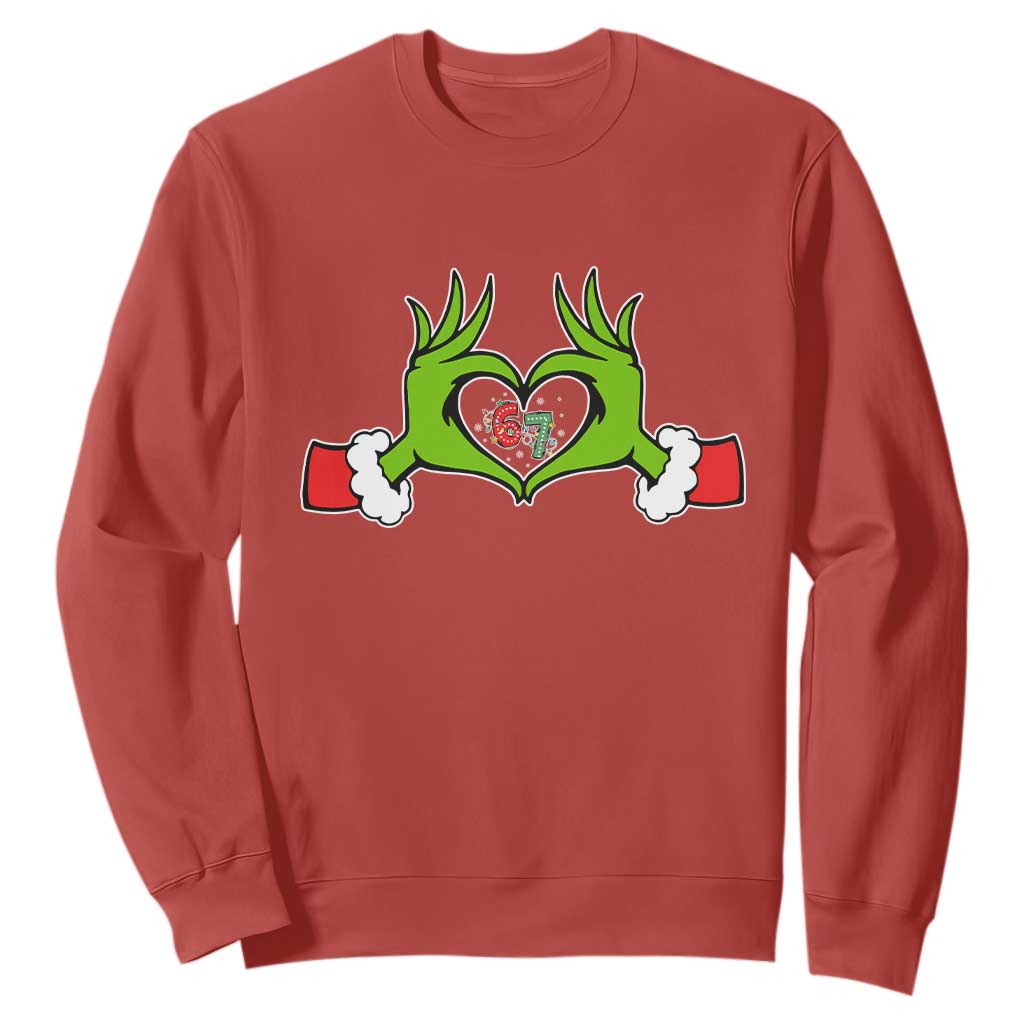 Funny Six Seven Christmas 67 Meme Gen Alpha Elf Heart Hands Sweatshirt TS11 Red Print Your Wear