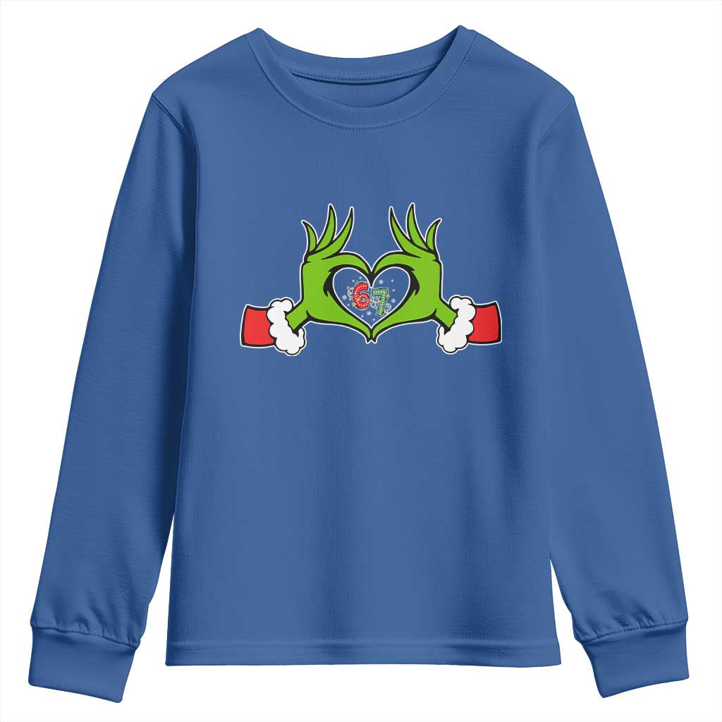 Funny Six Seven Christmas 67 Meme Gen Alpha Elf Heart Hands Youth Sweatshirt TS11 Royal Blue Print Your Wear