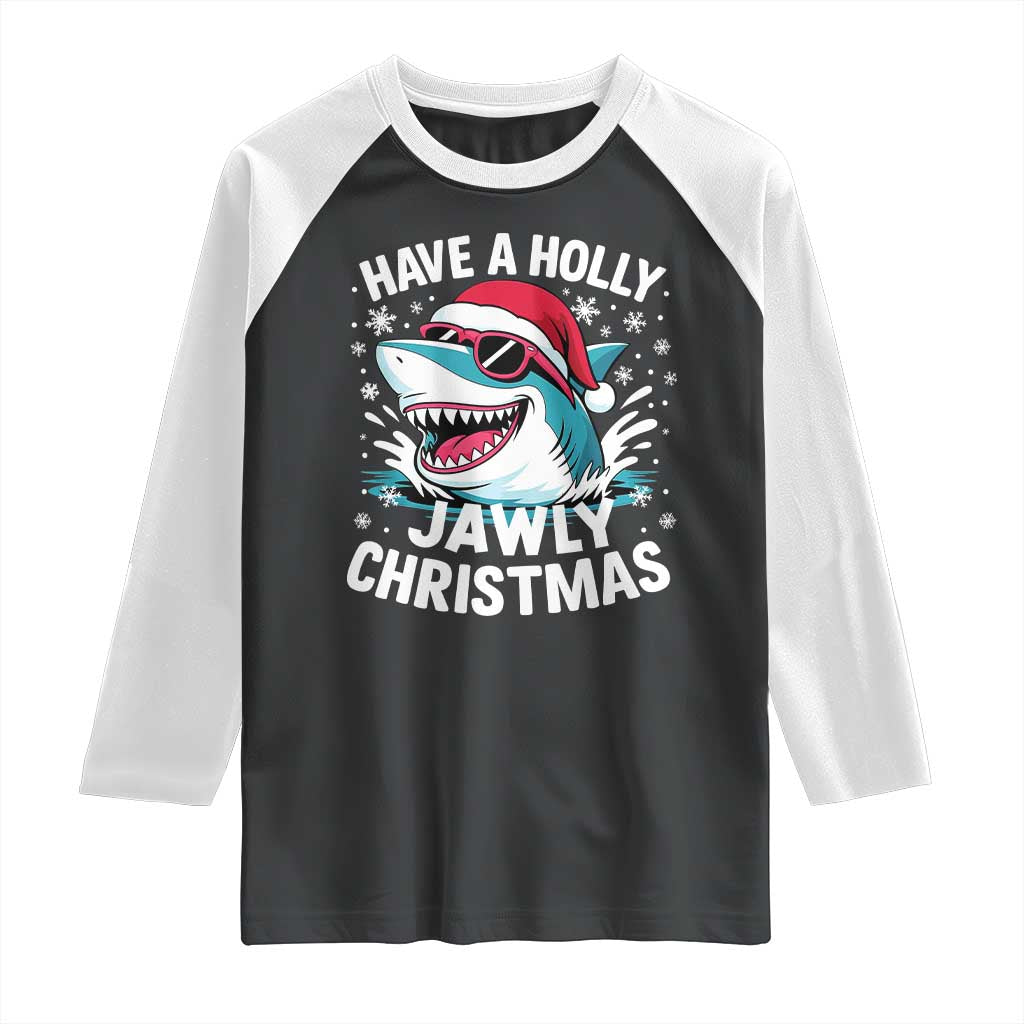 Funny Xmas Shark Raglan Shirt Have A Holly Jawly Christmas Santa Hat TS11 Black White Print Your Wear