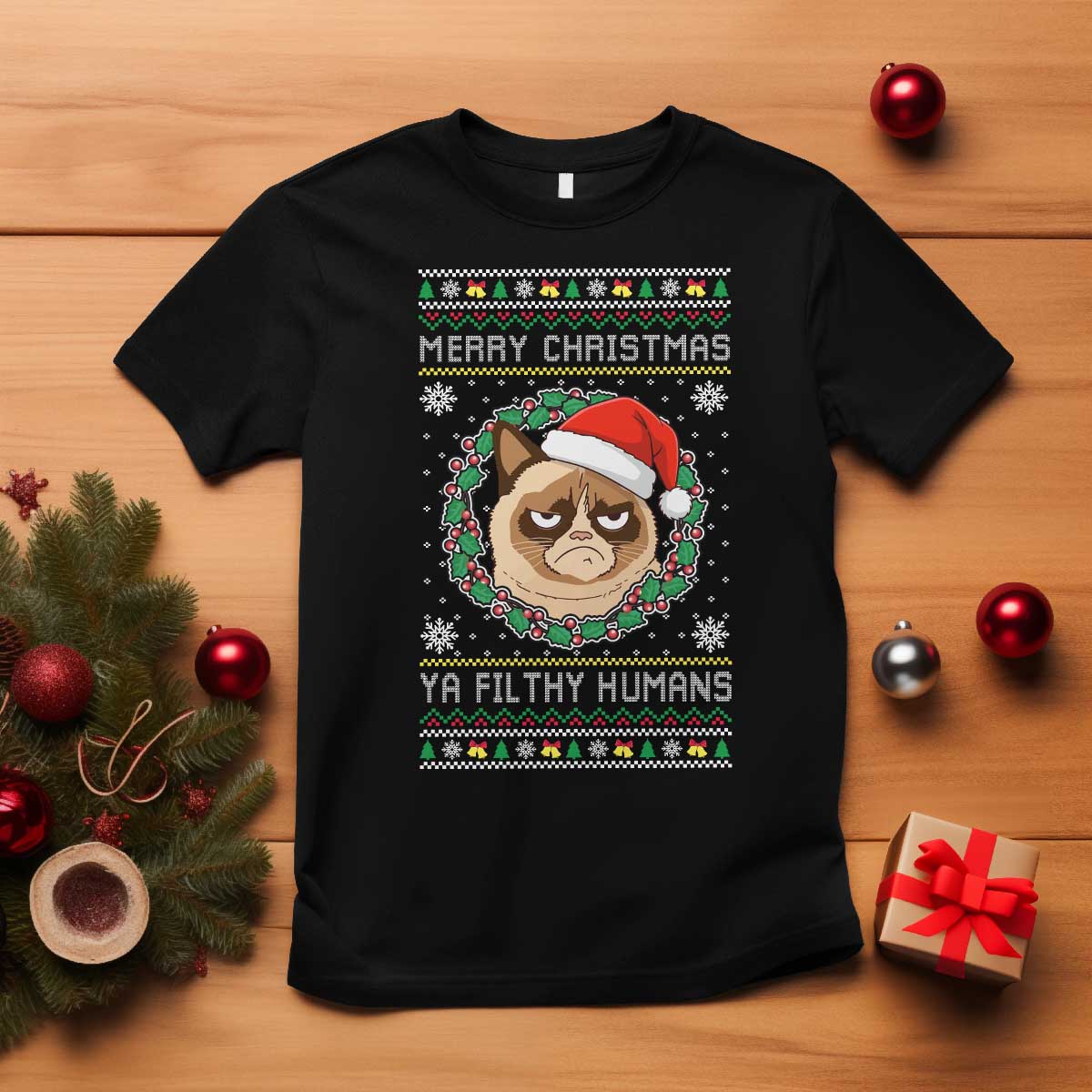 Merry Christmas Ya Filthy Humans Cat T Shirt Funny Xmas Grumpy Cat TS11 Black Print Your Wear