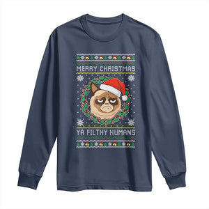 Merry Christmas Ya Filthy Humans Cat Long Sleeve Shirt Funny Xmas Grumpy Cat TS11 Navy Print Your Wear
