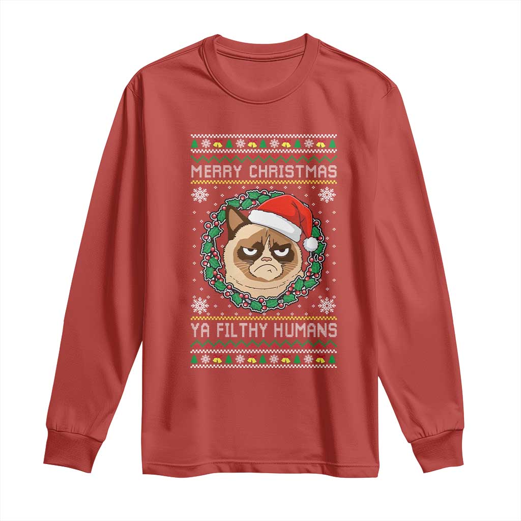Merry Christmas Ya Filthy Humans Cat Long Sleeve Shirt Funny Xmas Grumpy Cat TS11 Red Print Your Wear