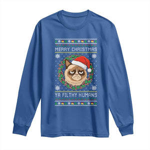 Merry Christmas Ya Filthy Humans Cat Long Sleeve Shirt Funny Xmas Grumpy Cat TS11 Royal Blue Print Your Wear