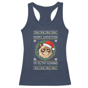 Merry Christmas Ya Filthy Humans Cat Racerback Tank Top Funny Xmas Grumpy Cat TS11 Navy Print Your Wear