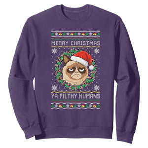 Merry Christmas Ya Filthy Humans Cat Sweatshirt Funny Xmas Grumpy Cat TS11 Purple Print Your Wear