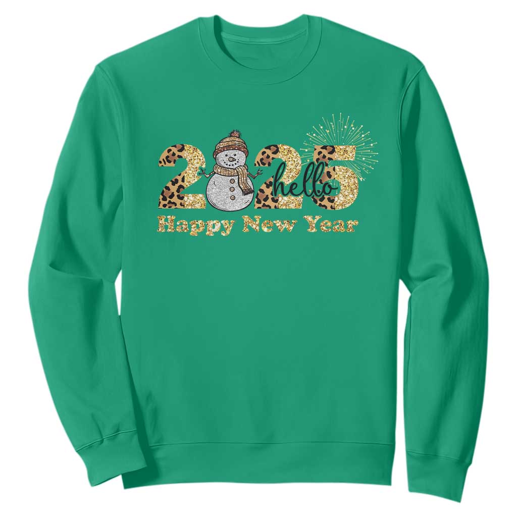 Hello 2025 Happy New Year Sweatshirt Fireworks Snowman TS11 Irish Green Print Your Wear
