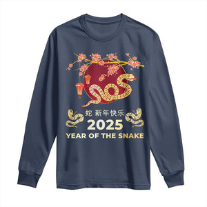 Chinese Lunar New Year 2025 Year Of The Snake Long Sleeve Shirt Cherry Blossom TS11 Navy Print Your Wear