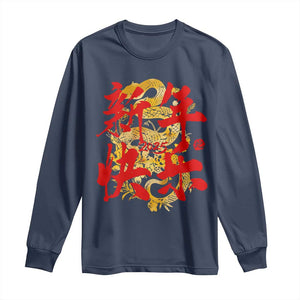 Happy Chinese New Year 2025 Long Sleeve Shirt Calligraphy Year Of The Snake Golden Flowers TS11 Navy Print Your Wear