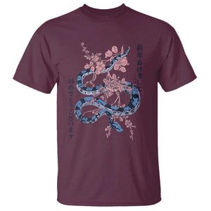 Happy Japanese New Year 2025 T Shirt Year Of The Snake Sakura Cherry Blossom TS11 Maroon Print Your Wear