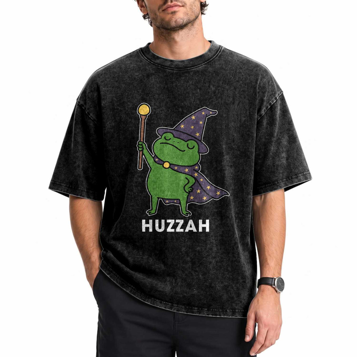 Funny Huzzah Wizard Frog Washed Cotton T-Shirt Renaissance Meme RPG Gamers