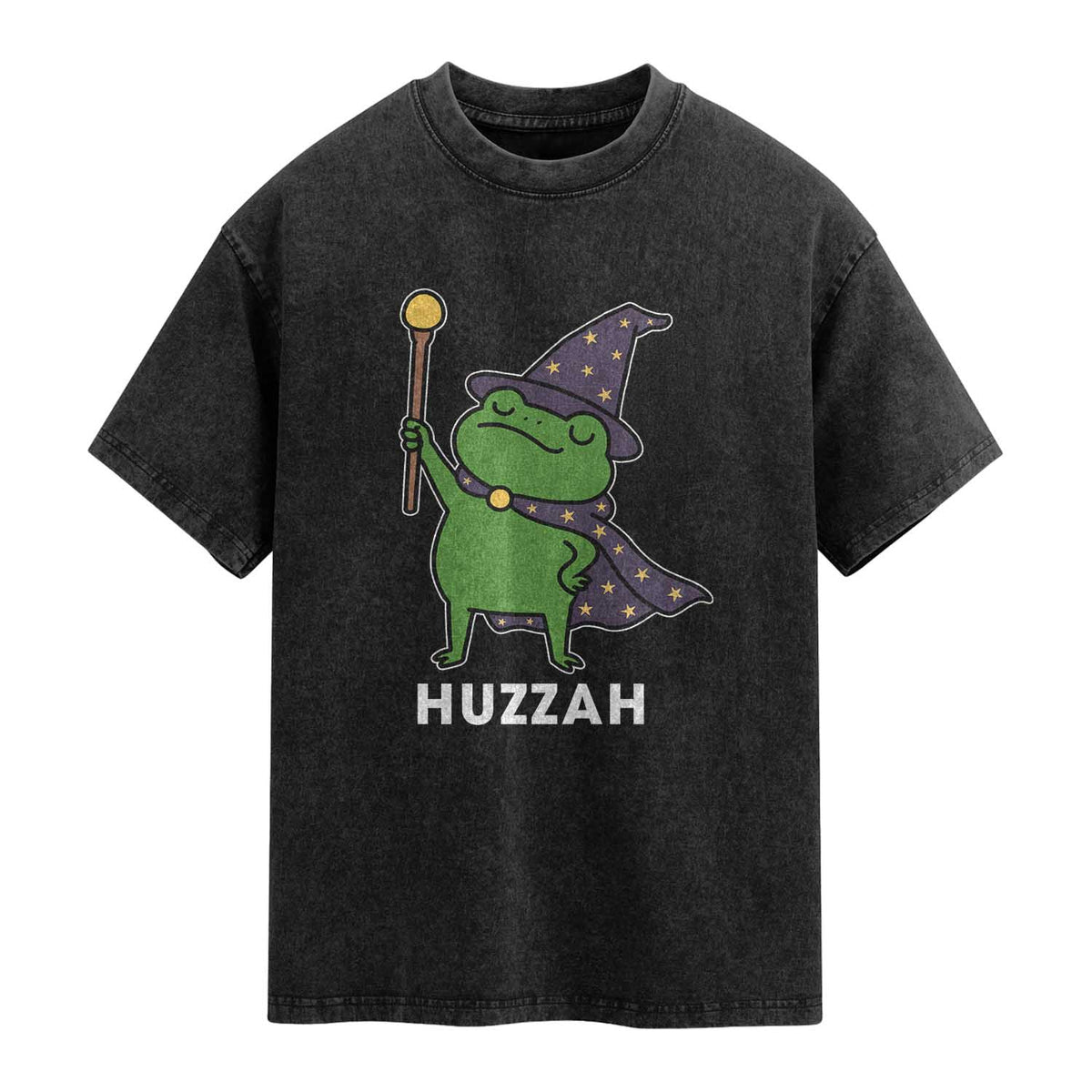 Funny Huzzah Wizard Frog Washed Cotton T-Shirt Renaissance Meme RPG Gamers