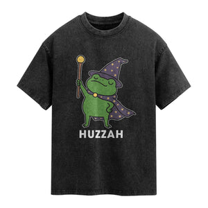 Funny Huzzah Wizard Frog Washed Cotton T-Shirt Renaissance Meme RPG Gamers