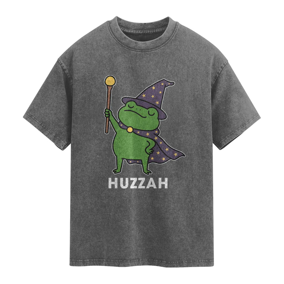 Funny Huzzah Wizard Frog Washed Cotton T-Shirt Renaissance Meme RPG Gamers