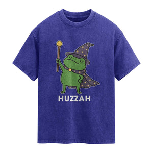 Funny Huzzah Wizard Frog Washed Cotton T-Shirt Renaissance Meme RPG Gamers