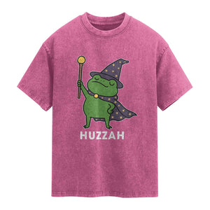 Funny Huzzah Wizard Frog Washed Cotton T-Shirt Renaissance Meme RPG Gamers