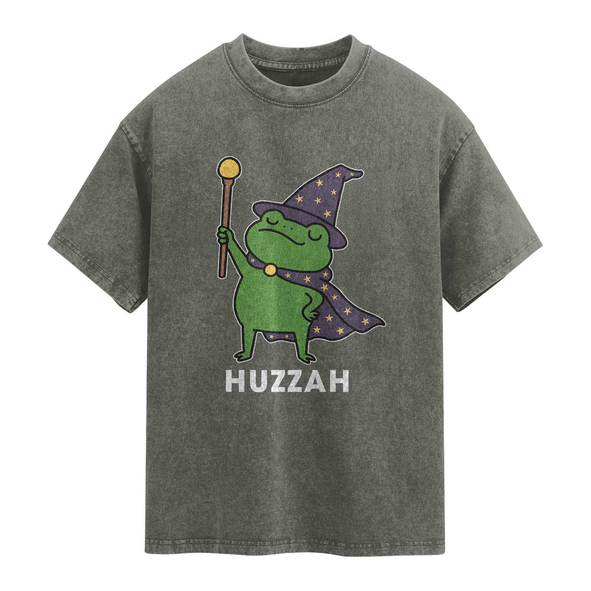 Funny Huzzah Wizard Frog Washed Cotton T-Shirt Renaissance Meme RPG Gamers
