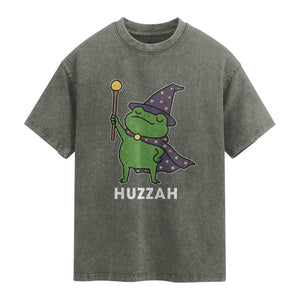 Funny Huzzah Wizard Frog Washed Cotton T-Shirt Renaissance Meme RPG Gamers