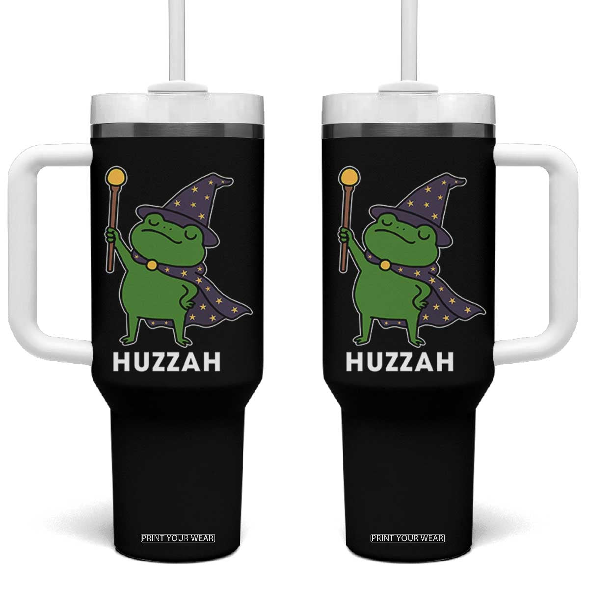 Funny Huzzah Wizard Frog Tumbler With Handle Renaissance Meme RPG Gamers