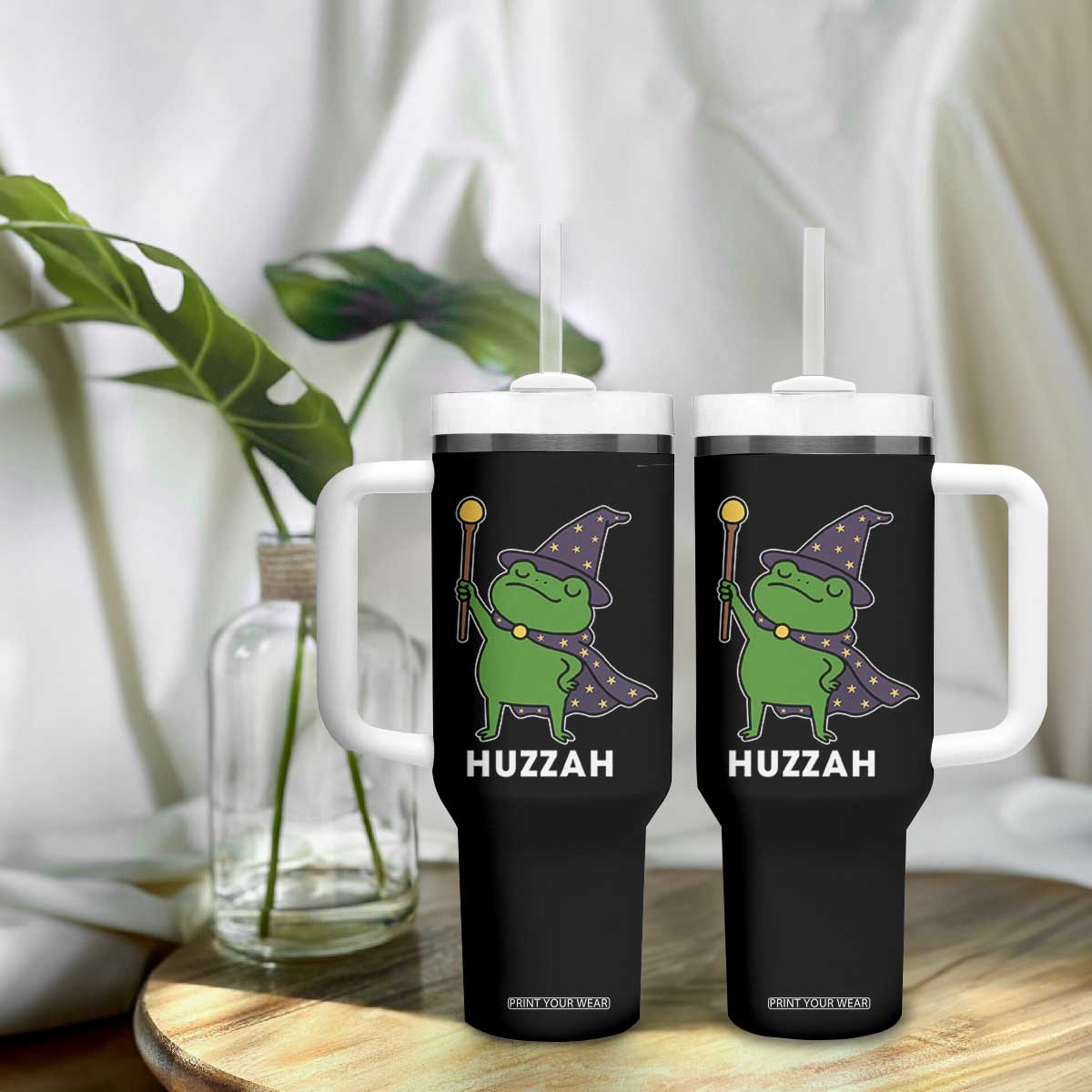 Funny Huzzah Wizard Frog Tumbler With Handle Renaissance Meme RPG Gamers