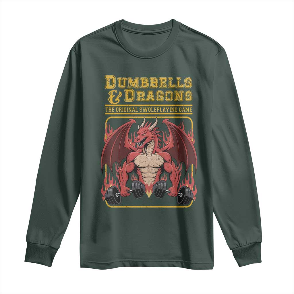 Funny RPG Workout Gym Nerd Long Sleeve Shirt Dumbbells And Dragons The Original Swoleplaying Game TS11 Dark Forest Green Print Your Wear