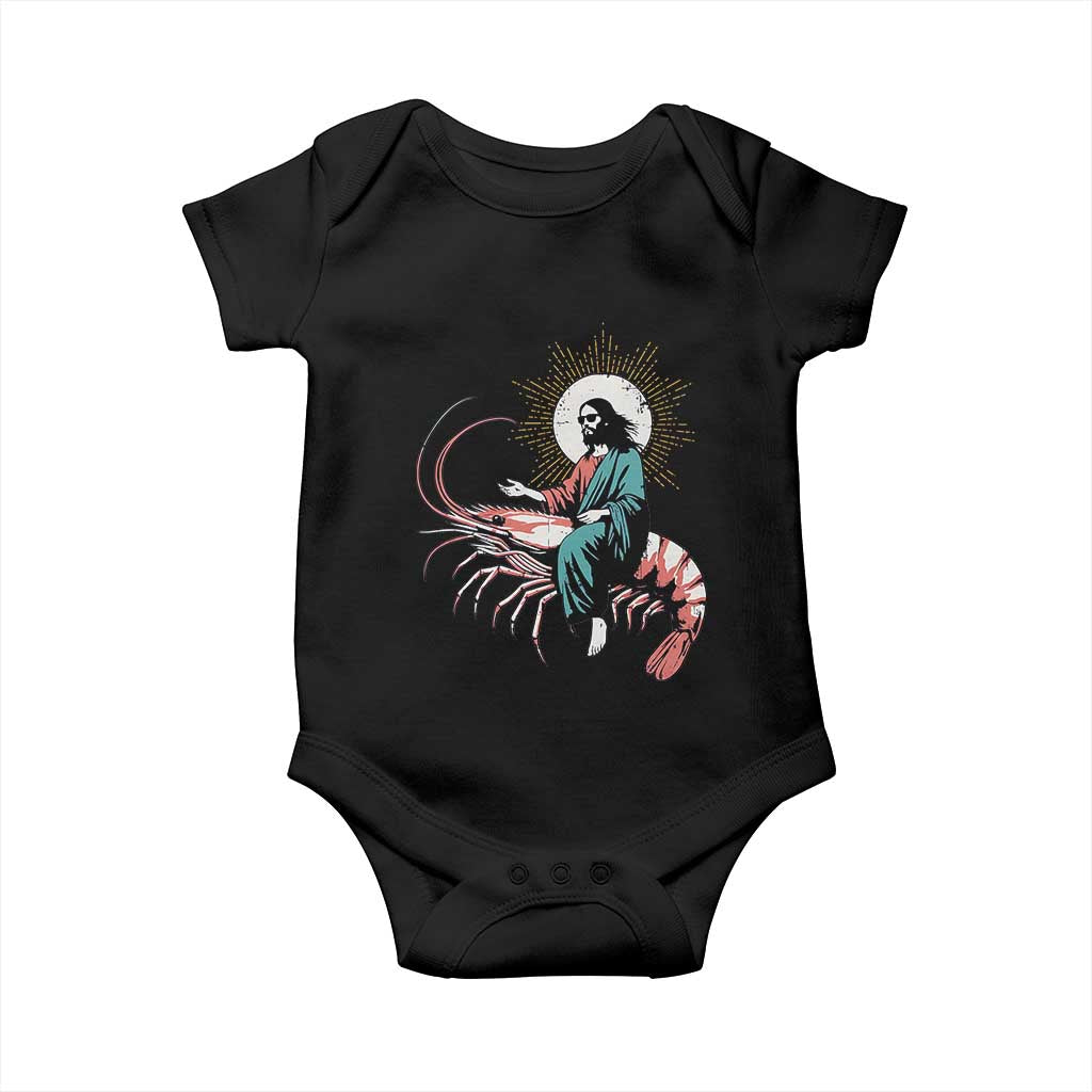 Funny Christian Prawn Baby Onesie Retro Jesus Riding A Shrimp Meme TS11 Black Print Your Wear