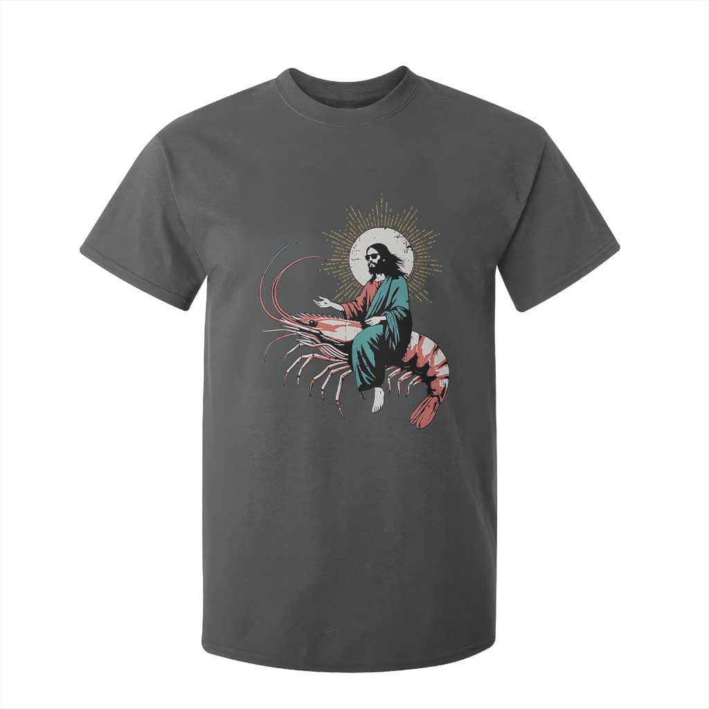 Funny Christian Prawn T Shirt For Kid Retro Jesus Riding A Shrimp Meme TS11 Dark Heather Print Your Wear