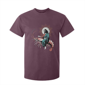 Funny Christian Prawn T Shirt For Kid Retro Jesus Riding A Shrimp Meme TS11 Maroon Print Your Wear