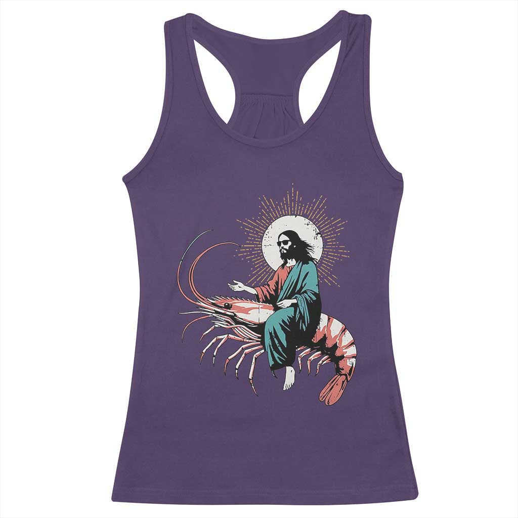 Funny Christian Prawn Racerback Tank Top Retro Jesus Riding A Shrimp Meme TS11 Purple Print Your Wear