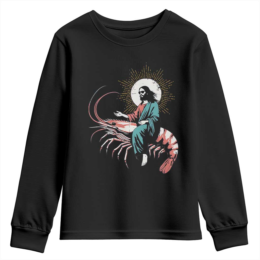 Funny Christian Prawn Youth Sweatshirt Retro Jesus Riding A Shrimp Meme TS11 Black Print Your Wear