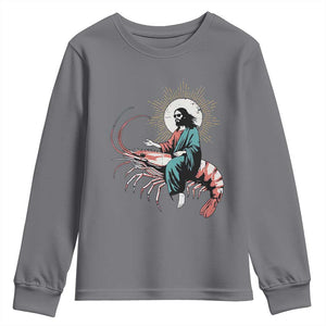 Funny Christian Prawn Youth Sweatshirt Retro Jesus Riding A Shrimp Meme TS11 Charcoal Print Your Wear