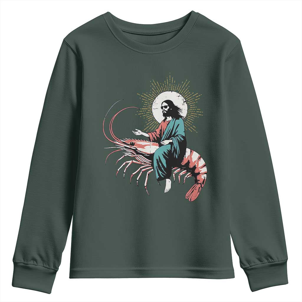 Funny Christian Prawn Youth Sweatshirt Retro Jesus Riding A Shrimp Meme TS11 Dark Forest Green Print Your Wear