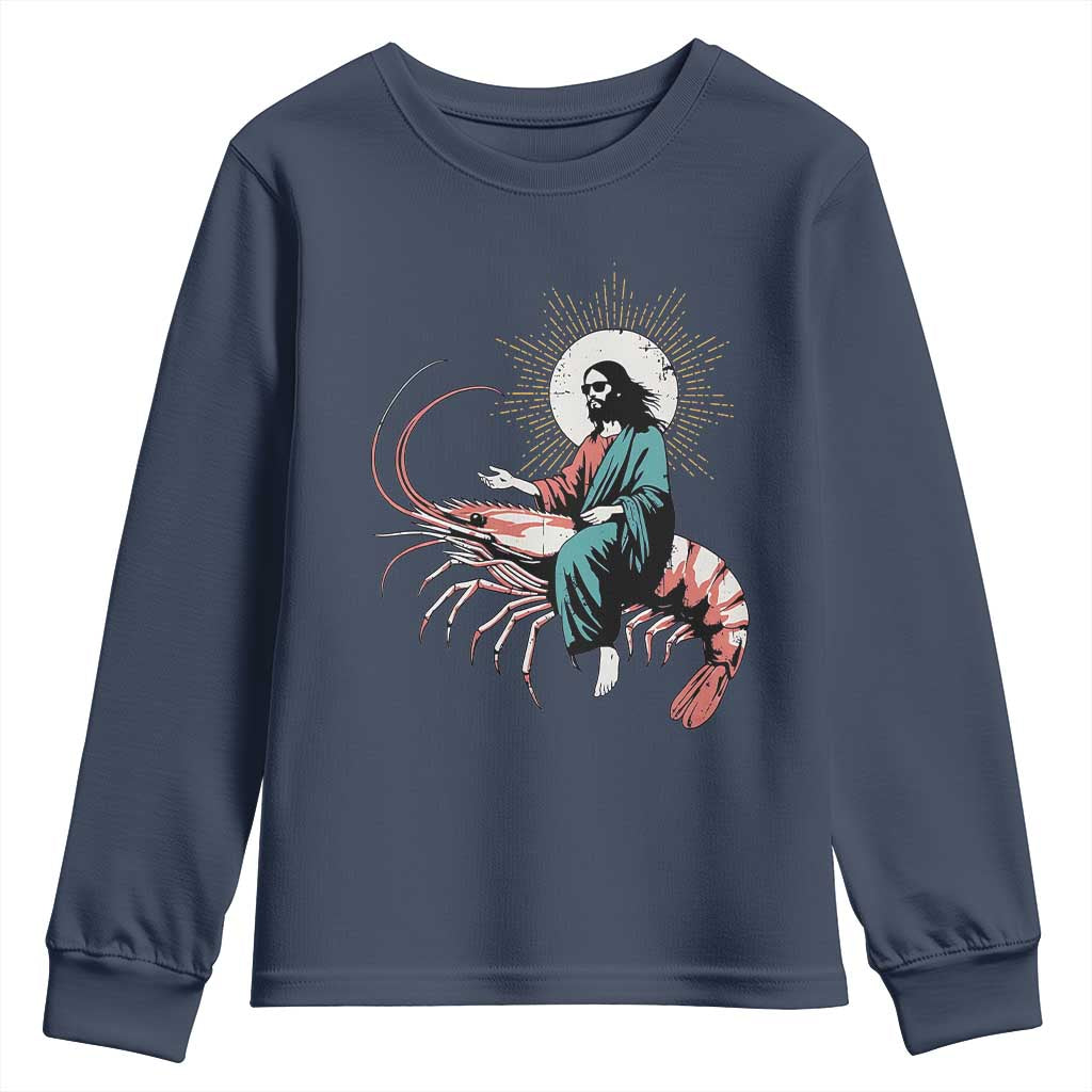 Funny Christian Prawn Youth Sweatshirt Retro Jesus Riding A Shrimp Meme TS11 Navy Print Your Wear