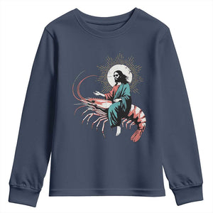 Funny Christian Prawn Youth Sweatshirt Retro Jesus Riding A Shrimp Meme TS11 Navy Print Your Wear