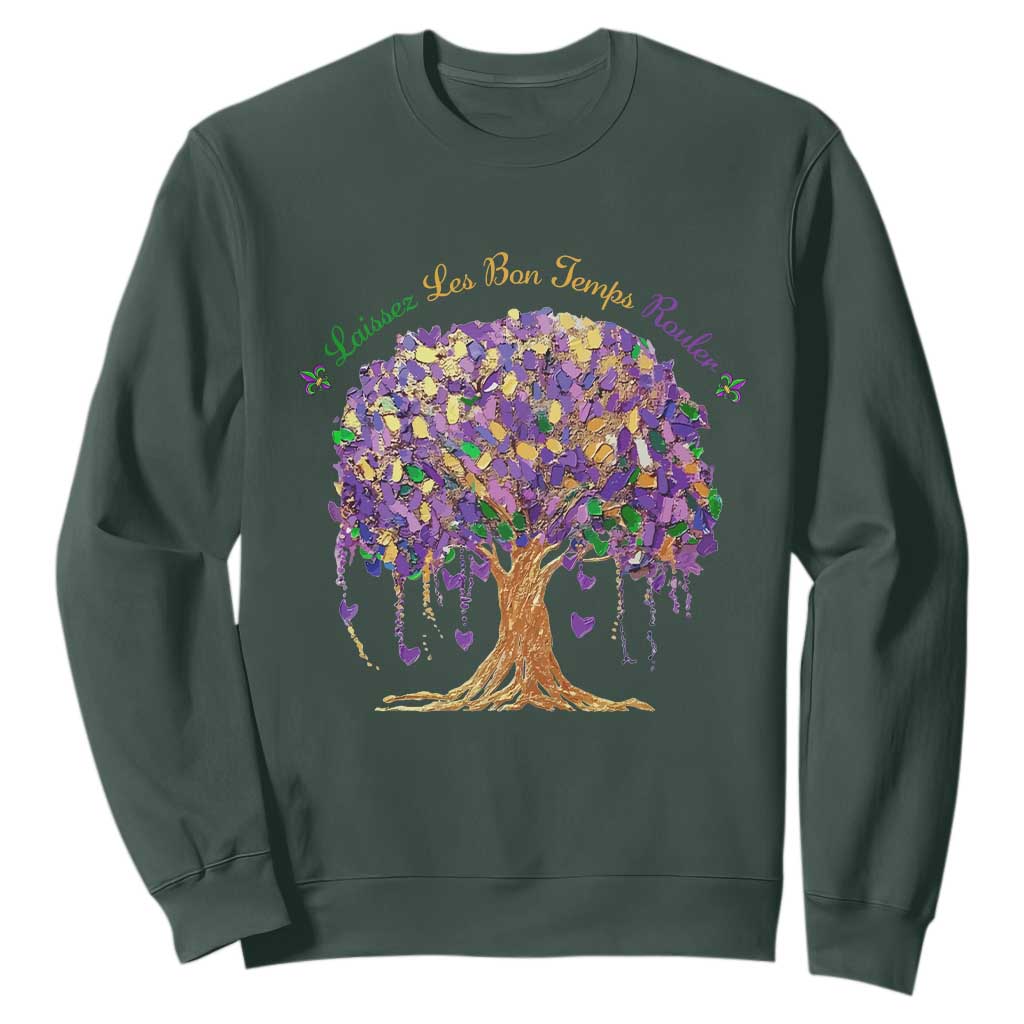 Mardi Gras Tree Brushstroke Graphic Sweatshirt Laissez Les Bon Temps Rouler TS11 Dark Forest Green Print Your Wear