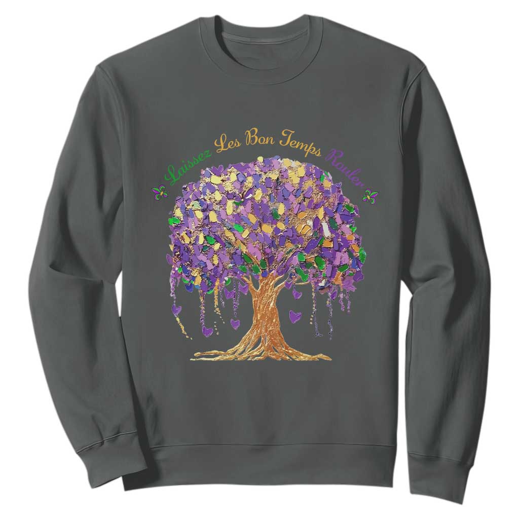 Mardi Gras Tree Brushstroke Graphic Sweatshirt Laissez Les Bon Temps Rouler TS11 Dark Heather Print Your Wear