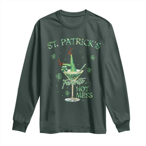 Funny St Patrick's Favorite Hot Mess Long Sleeve Shirt Drunk Leprechaun Cocktail TS11 Dark Forest Green Print Your Wear