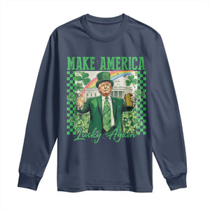 Funny Trump St Patrick's Day Make America Lucky Again Long Sleeve Shirt Shamrock White House TS11 Navy Print Your Wear