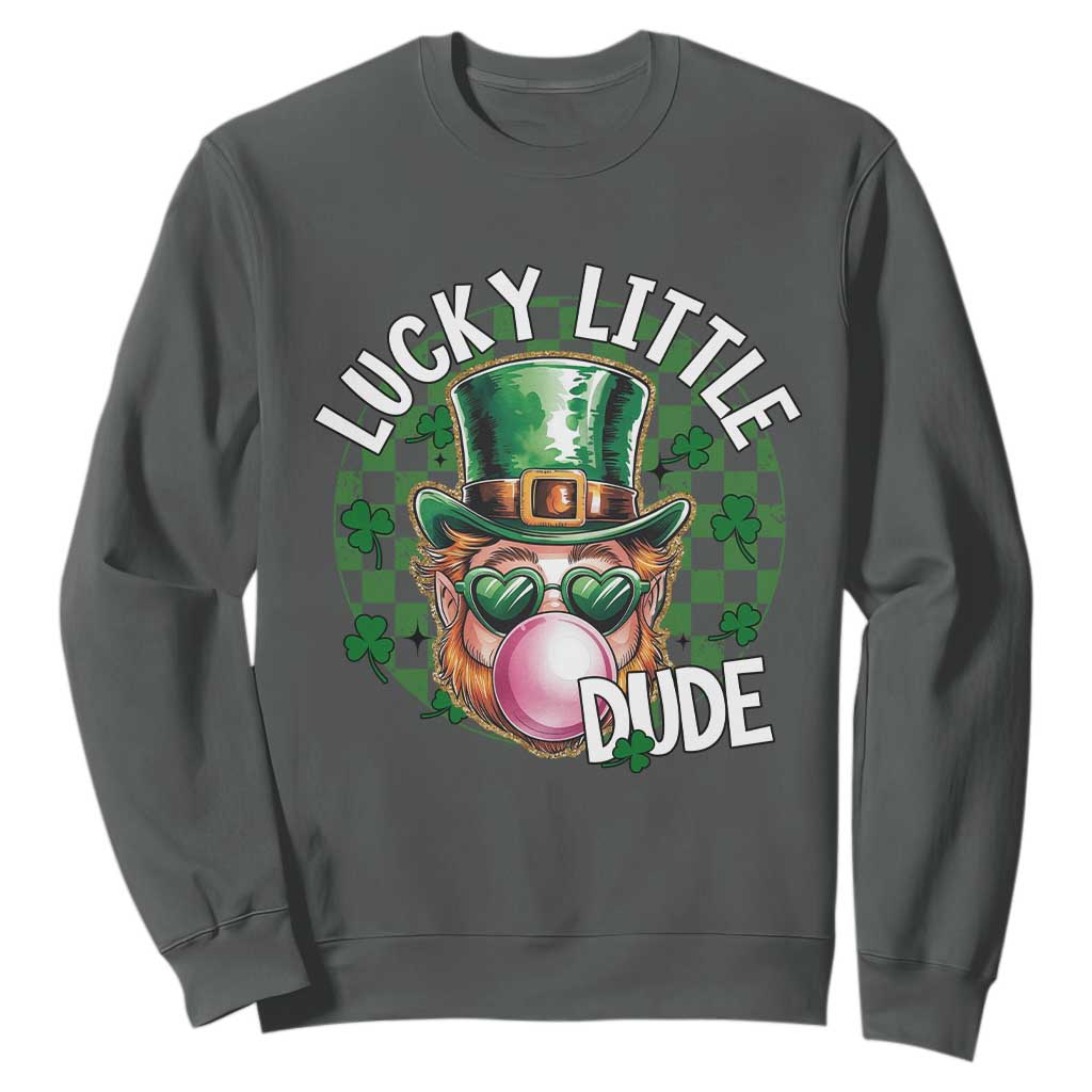 Funny St Patrick's Day Lucky Little Dude Sweatshirt Cute Leprechaun Shamrock TS11 Dark Heather Print Your Wear