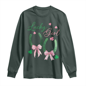 Funny St Patrick's Day Coquette Long Sleeve Shirt Lucky Girl Horseshoe Pink Bow TS11 Dark Forest Green Print Your Wear