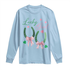 Funny St Patrick's Day Coquette Long Sleeve Shirt Lucky Girl Horseshoe Pink Bow TS11 Light Blue Print Your Wear