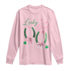 Funny St Patrick's Day Coquette Long Sleeve Shirt Lucky Girl Horseshoe Pink Bow TS11 Light Pink Print Your Wear