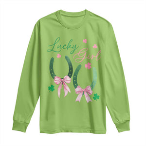 Funny St Patrick's Day Coquette Long Sleeve Shirt Lucky Girl Horseshoe Pink Bow TS11 Lime Print Your Wear