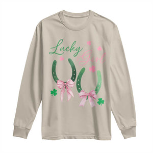 Funny St Patrick's Day Coquette Long Sleeve Shirt Lucky Girl Horseshoe Pink Bow TS11 Sand Print Your Wear