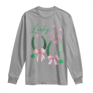 Funny St Patrick's Day Coquette Long Sleeve Shirt Lucky Girl Horseshoe Pink Bow TS11 Sport Gray Print Your Wear