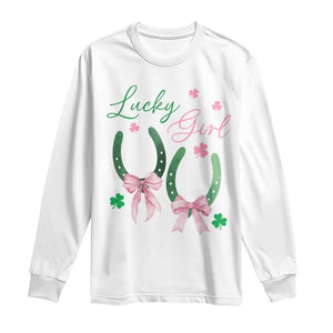 Funny St Patrick's Day Coquette Long Sleeve Shirt Lucky Girl Horseshoe Pink Bow TS11 White Print Your Wear