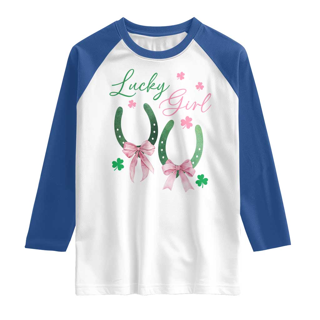 Funny St Patrick's Day Coquette Raglan Shirt Lucky Girl Horseshoe Pink Bow TS11 White Royal Print Your Wear