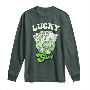 Funny St Patrick's Day Casino Games Long Sleeve Shirt Lucky Girl Shamrock Casino Poker Chips Cards TS11 Dark Forest Green Print Your Wear