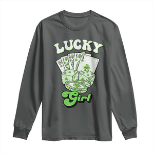 Funny St Patrick's Day Casino Games Long Sleeve Shirt Lucky Girl Shamrock Casino Poker Chips Cards TS11 Dark Heather Print Your Wear